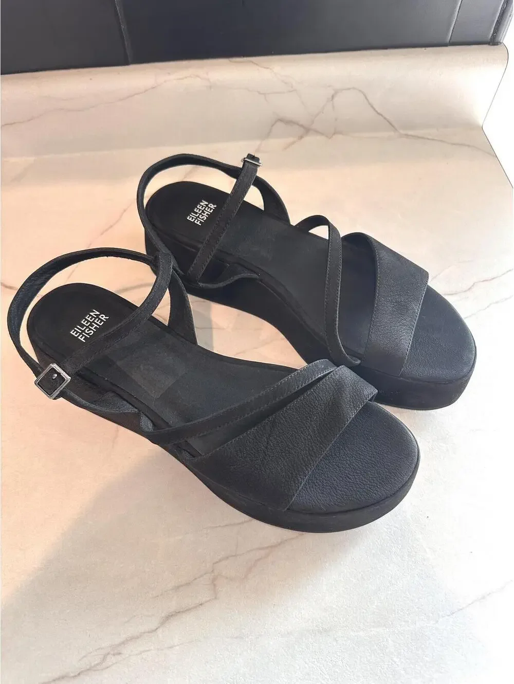 NEW Eileen Fisher Dae Leather Wedge Platform Strappy Sandals Black Women’s sz 10 - Picture 2 of 15
